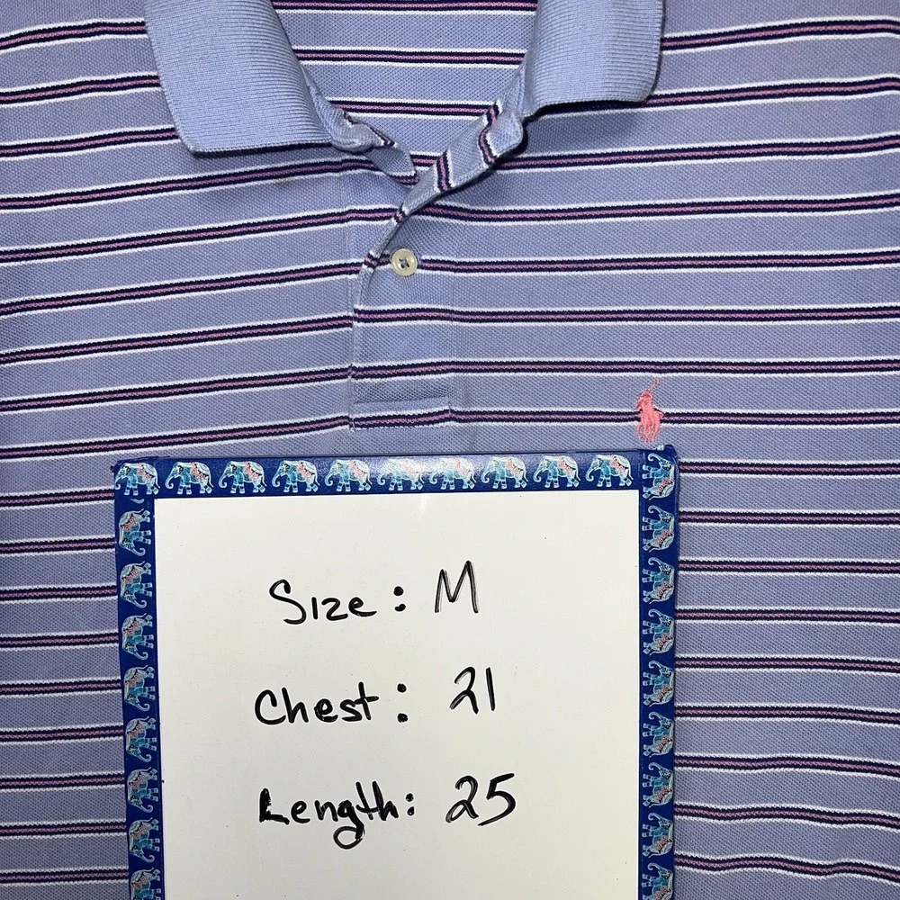 VTG Polo Ralph Lauren Shirt Men's Size M Blue Pink Striped‎ Pink Pony Polo